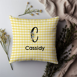 Monogram initial vattenfärgsblomma gingham mönster kudde