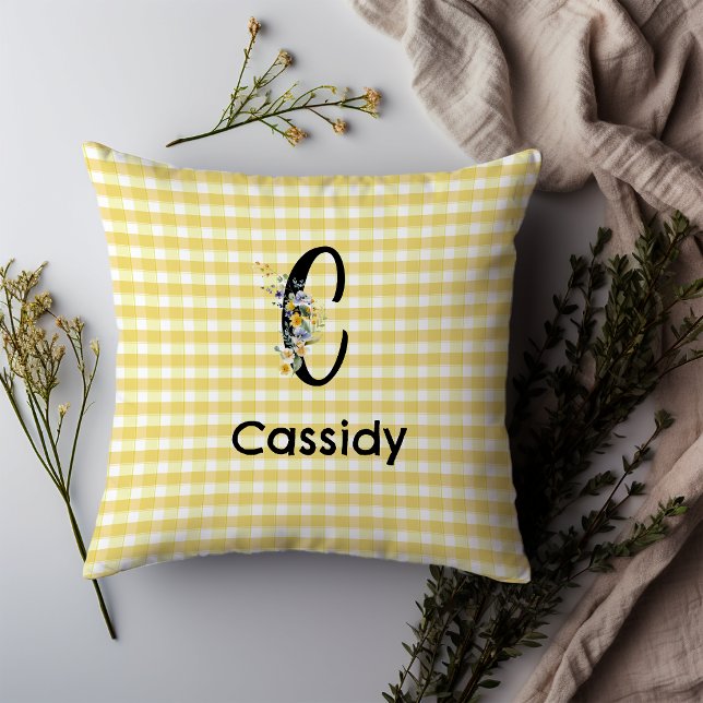 Monogram initial vattenfärgsblomma gingham mönster kudde (Skapare uppladdad)