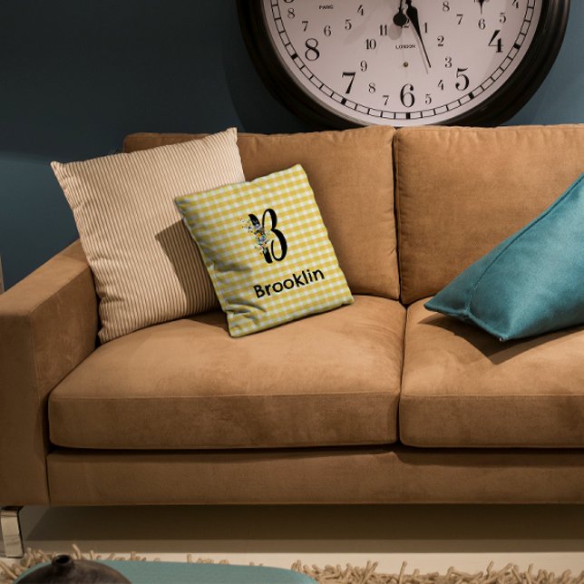 Monogram initial vattenfärgsblomma gingham mönster kudde (Skapare uppladdad)