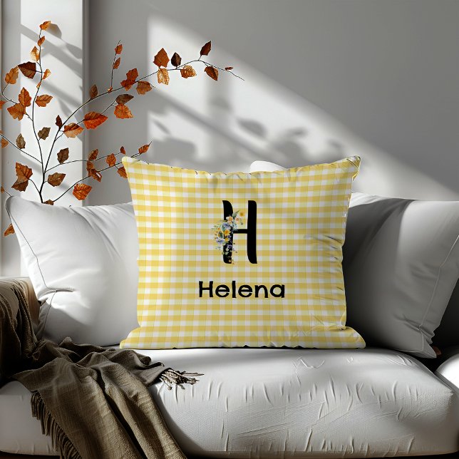 Monogram initial vattenfärgsblomma gingham mönster kudde (Skapare uppladdad)