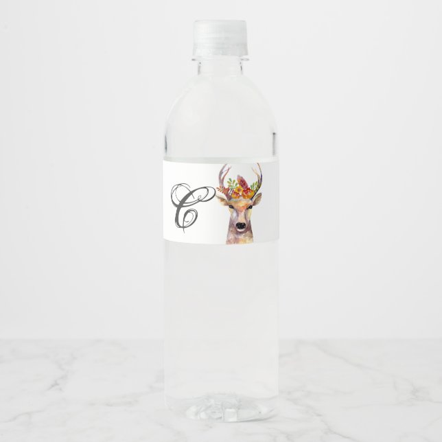 Monogram initial Vattenflaska Label boho hjort Buc Etikett (Framsida)