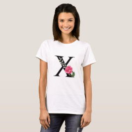 Monogram initialbokstav X i svart med rosa ros T Shirt