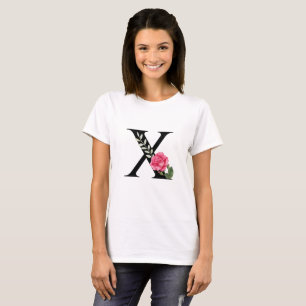 Monogram initialbokstav X i svart med rosa ros T Shirt