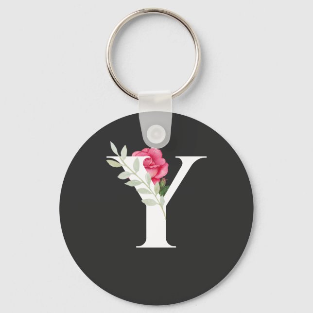 Monogram initialbokstav Y i vitt med rosa ros Nyckelring (Framsida)