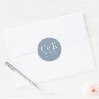 Monogram initialer Damblå Bröllop Runt Klistermärke