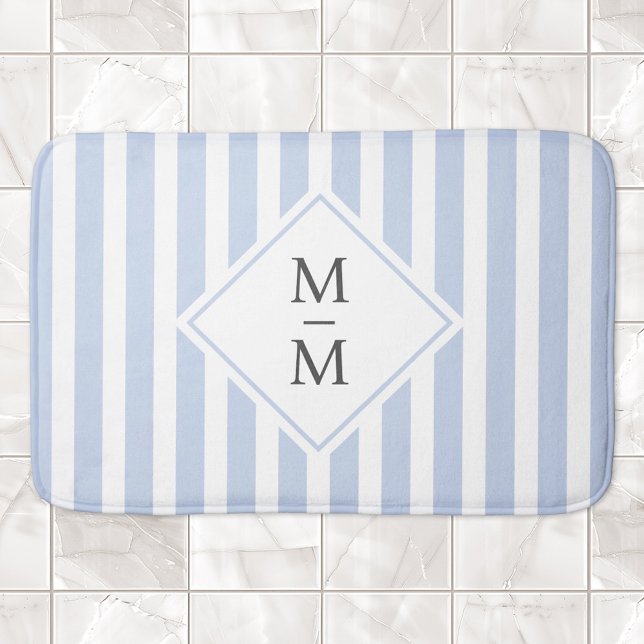 Monogram initialer dammig, ljusblå rand badrumsmatta (Monogram initials dusty light blue white stripes bath mat)
