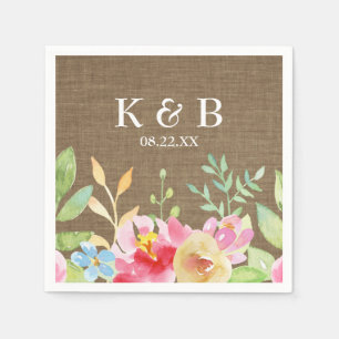 Monogram Initialer Date Watercolor Flowers Burlap Pappersservett