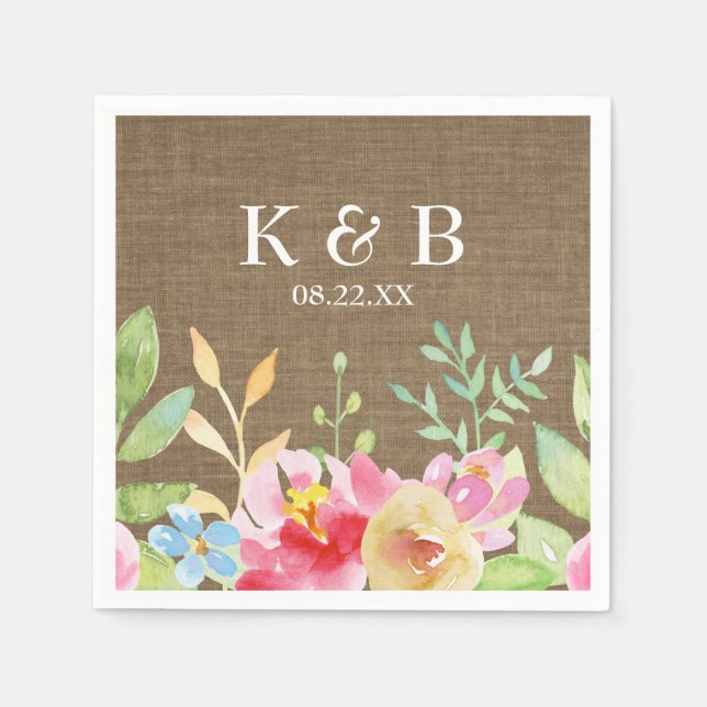 Monogram Initialer Date Watercolor Flowers Burlap Pappersservett (Framsidan)