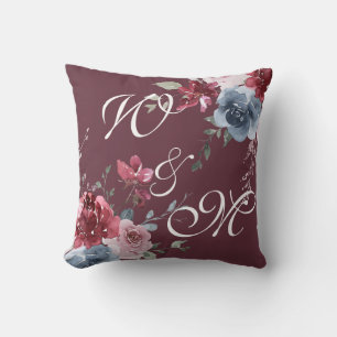Monogram Initialer Dusty Ro Blue Blommigt Burgundy Kudde