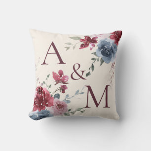 Monogram Initialer Dusty Ro Blue Blommigt Ivory Kudde