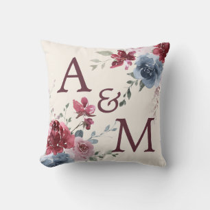 Monogram Initialer Dusty Ro Blue Blommigt Ivory Kudde