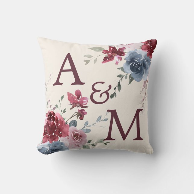 Monogram Initialer Dusty Ro Blue Blommigt Ivory Kudde (Framsida)