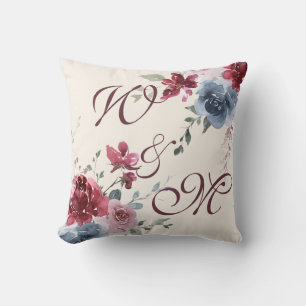 Monogram Initialer Dusty Ro Blue Blommigt Ivory Kudde