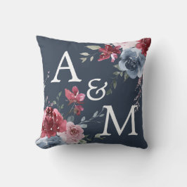 Monogram Initialer Dusty Ro Blue Blommigt Mörk blå Kudde