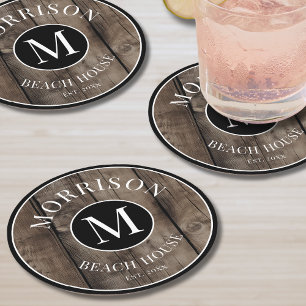 Monogram Initialer Efternamn Rustik Trä Underlägg Papper Rund