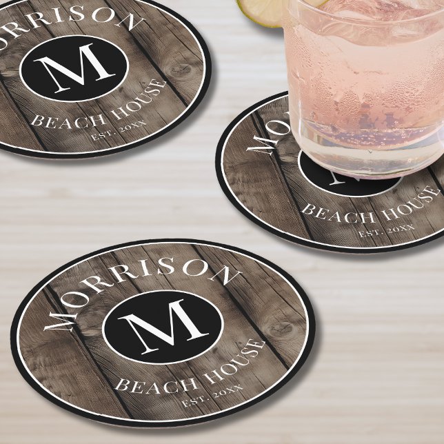 Monogram Initialer Efternamn Rustik Trä Underlägg Papper Rund (Monogram Initial Family Name Rustic Wood Round Paper Coaster )