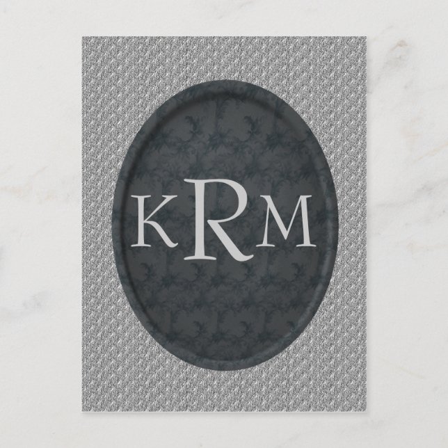 Monogram initialer elegant svart blom-  vykort (Framsida)