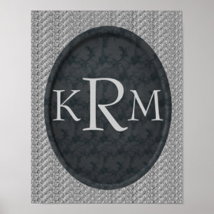 Monogram initialer Elegant svart blommig Poster