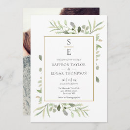 Monogram Initialer Greenery Foliage Photo Bröllop Inbjudningar