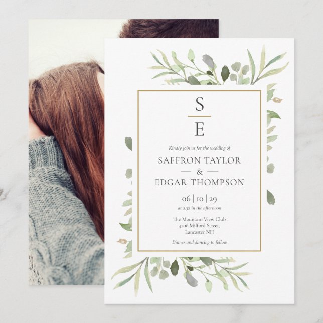 Monogram Initialer Grönska Löv Bröllopsfoto Inbjudningar (Fram/baksida)