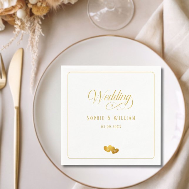 Monogram Initialer Gyllene Hjärtan Bröllop Pappersservett (Monogram Initials Golden Hearts Wedding Napkins)