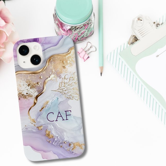 Monogram initialer lila blå guld akvarell tvätt (Monogrammed Purple gold blue alcohol ink wash iPhone case)