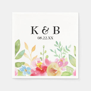 Monogram Initialer med datum och vattenfärg Blommo Pappersservett
