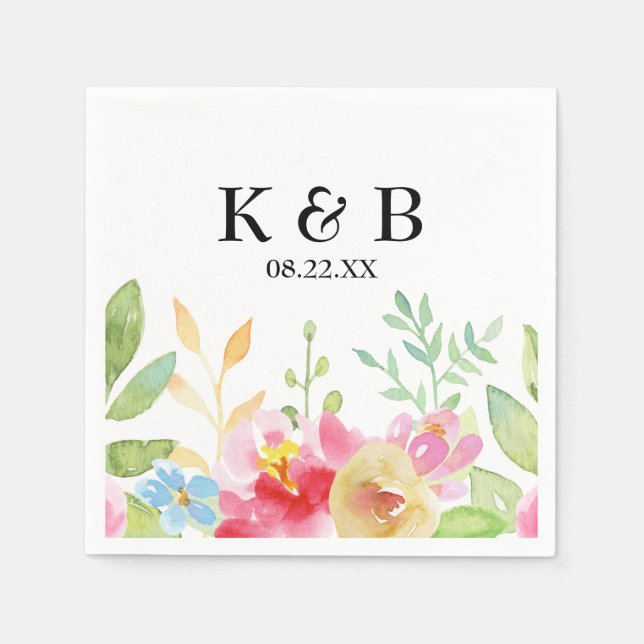 Monogram Initialer med datum och vattenfärg Blommo Pappersservett (Framsidan)