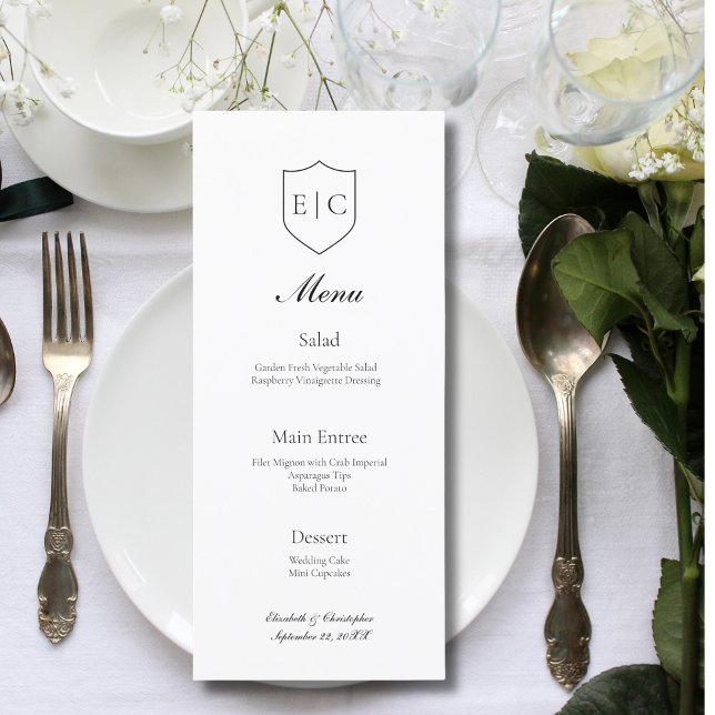 Monogram Initialer Modern Minimalist Bröllop Menu (Monogram Initials Modern Simple Black White Minimalist Wedding Menu)