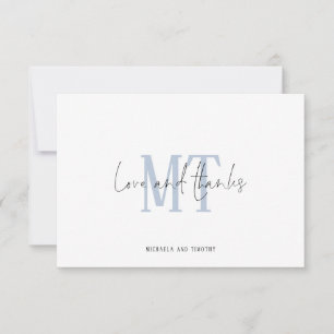 Monogram Initialer Namn Blue Bröllop Tack Anteckningskort