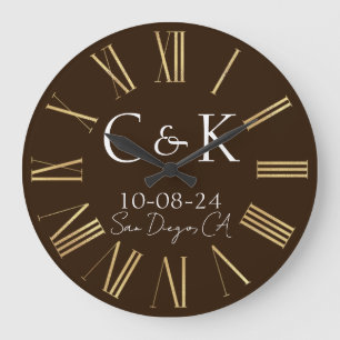 Monogram Initialer på Chocolate Brown Bröllop Stor Klocka