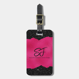 Monogram Initialer på Shock rosa och Svarta Glitte Bagagebricka