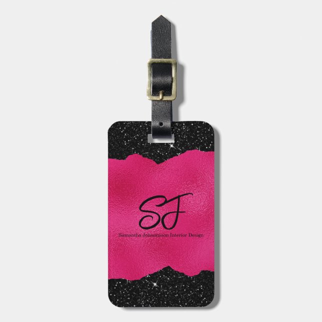 Monogram initialer på varmröd och svart glitter bagagebricka (Vertikal Framsida)