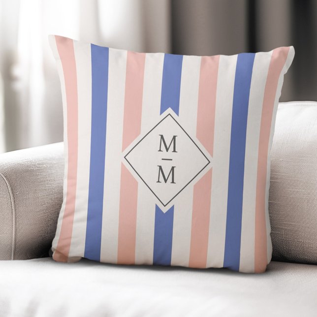 Monogram initialer rosa blue rand kudde (Monogram initials pink blue stripes throw pillow)