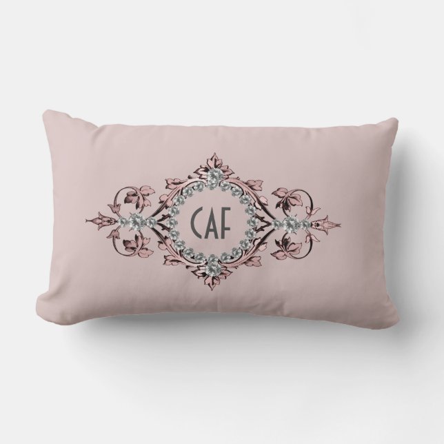 Monogram Initialer Rosa Grå Silver Flourish Orname Lumbarkudde (Framsida)