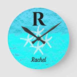 Monogram Initialer Starfish Teal Turcos Pastel Rund Klocka