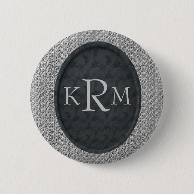 Monogram initialer Svart Blommig Personlig Knapp (Framsida)