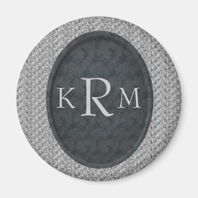 Monogram initialer Svart Blommig Personlig Magnet (Framsidan)