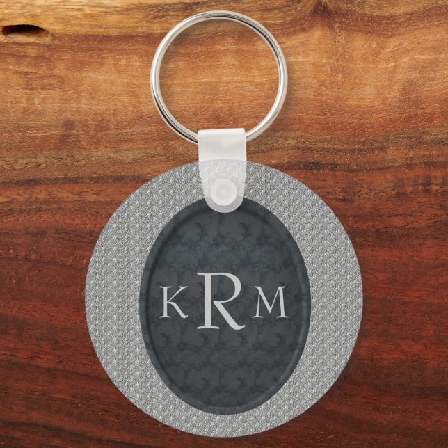 Monogram Initialer Svart Blommig Personlig Nyckelring (Framsida)