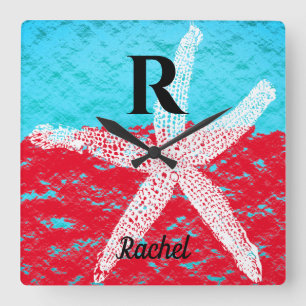 Monogram Initialer Teal Red Sparkly Pastel Starfis Fyrkantig Klocka