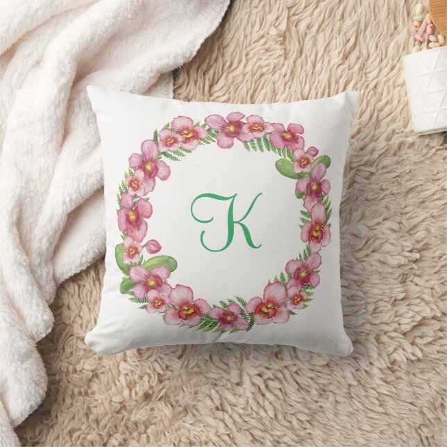 Monogram initialer trendigt rosa grönt blomster kudde (Filt)