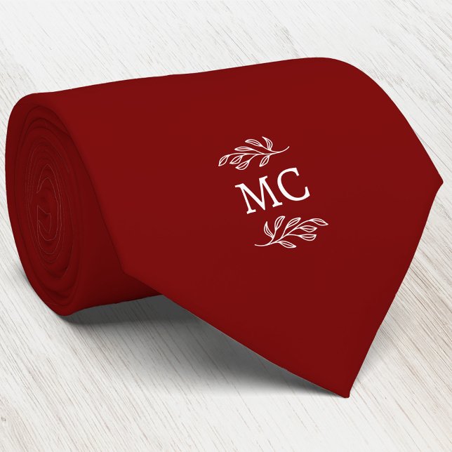 Monogram Initialer Vapen Botanisk Blad Burgunderrö Slips (Simple botanical leaf monogram initials personalized crest neck tie)