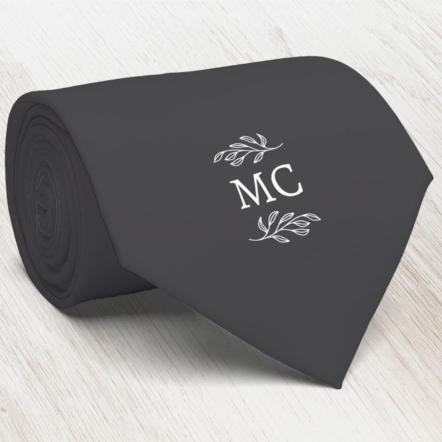 Monogram initialer vapen botanisk blad mörkgrå slips (Simple botanical leaf monogram initials personalized crest neck tie)