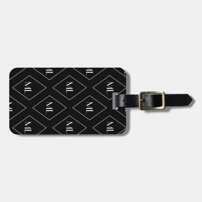 Monogram Initials Geometric Pattern Black Bagagebricka (Horisontell Framsida)