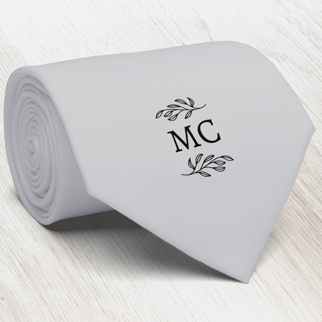 Monogram Initialt emblem Växtblad Silvergrå Slips (Simple botanical leaf monogram initials personalized crest neck tie)