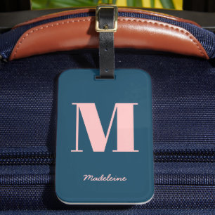 Monogram Initialt Modern Blue Rosa Minimal Namn Bagagebricka