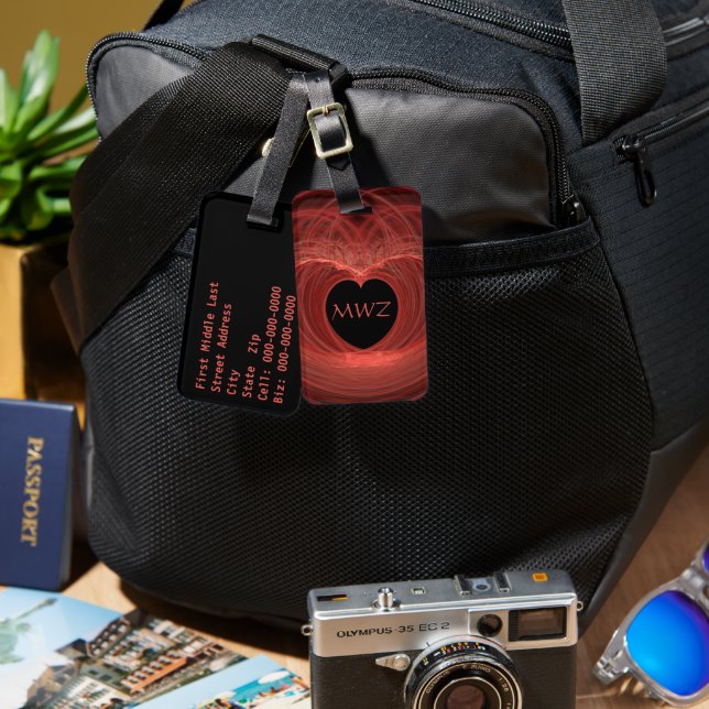 Monogram initierad Anpassningsbar av rött hjärta Bagagebricka (Fram & Baksida)