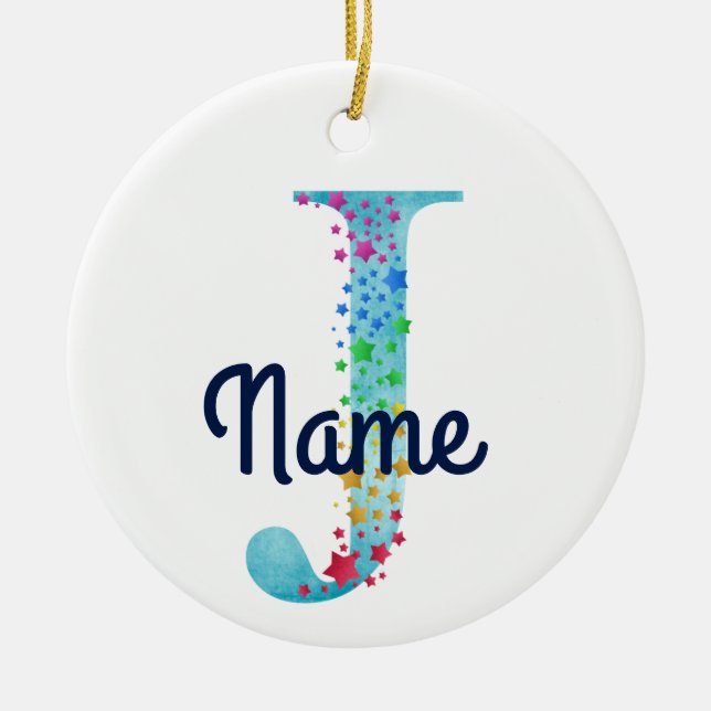 Monogram Inledande J Rainbow Star-design Julgransprydnad Keramik (Framsidan)
