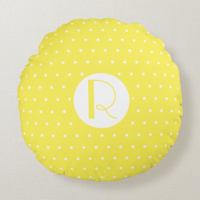 Monogram Inledande ljusvit Gult Polka dots Rund Kudde (Framsidan)