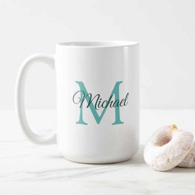 Monogram Inledande mall Ljusvit Teal White Kaffemugg (Med munk)